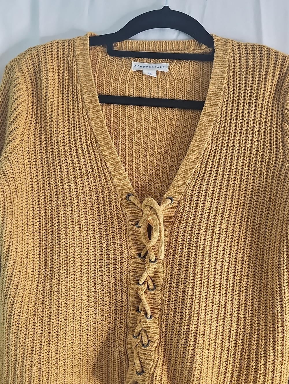 Aeropostale Mustard Lace-Up V-Neck Cropped Knit Sweater - Picture 3 of 6